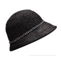 Women Natural Raffia Woven Straw Hat With Nice Chains, Fashion Black Ladies' Casual Hats